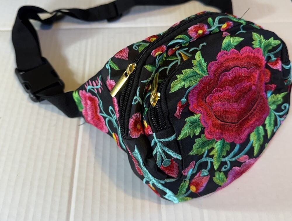Black Embroidered Floral Bum Bag Festival Waist Fanny Pack Crossbody Belt